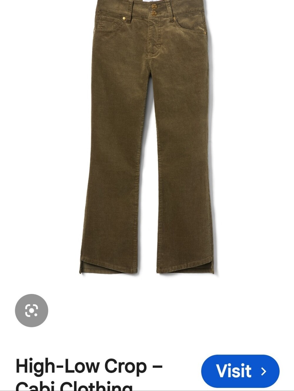 CAbi Olive Corduroy High-Low Crop Pants